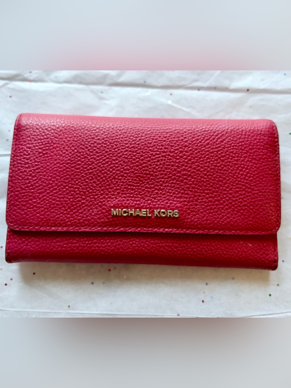 Michael Kors Red Pebbled Leather Continental Wallet with Gold Logo